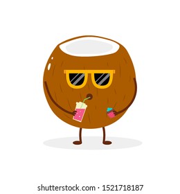 Funny cartoon character from the coconut which is drinking a smoothie and eat a cupcake wearing sunglasses. Flat isolated illustration on white background.