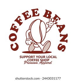 Funny cartoon character of coffee. Can be used as Sticker, posters, prints. Retro cartoon style. Vector illustration