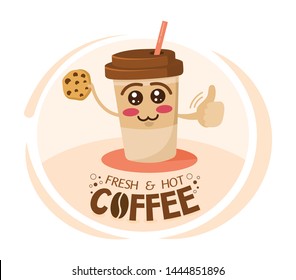 Funny cartoon character coffee cup holding a cookie. Take away coffee mascot. Happy cup of cappuccino. Breakfast, morning, wake up concept. Design for print, emblem, t-shirt, party decoration, sticker