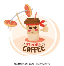 Funny cartoon character coffee cup holding a donut dumbbell. Strong Coffee discount concept. 