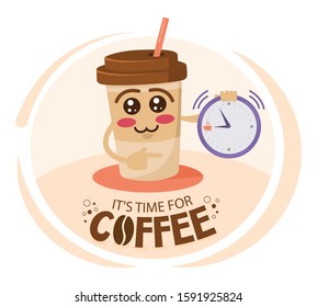 Funny cartoon character coffee cup Pointing Time. Free Coffee discount concept. 