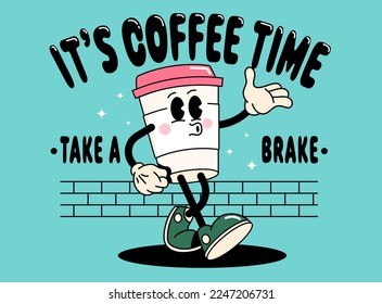 Funny cartoon character of Coffee cup. Can be used as Sticker, posters, prints. The comic elements in trendy retro cartoon style. Vector illustration