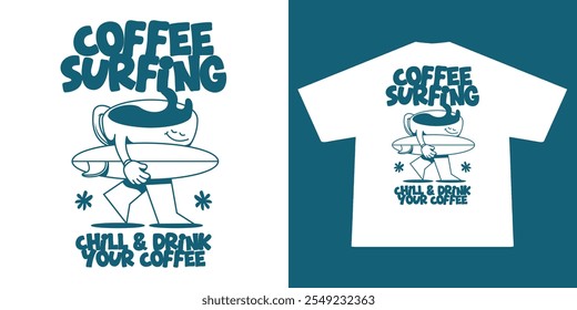 Funny cartoon character of coffee surfing. Can be used as Sticker, posters, prints. Retro cartoon style. Vector illustration