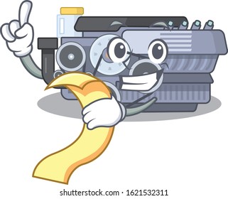 A funny cartoon character of combustion engine with a menu