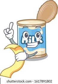 A funny cartoon character of condensed milk with a menu