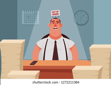 Funny Cartoon Character. Confused Office Worker with "Out of Order" Sign Inside is Head. Vector Illustration