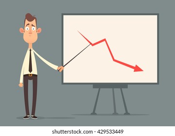 Funny Cartoon Character. Confused Office Worker Making a Presentation. Vector Illustration