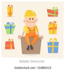 funny cartoon character construction worker in a yellow hard hat sitting on the box. Against the background of several variants of gift boxes.