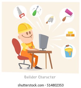 funny cartoon character construction worker sits at the computer on a background of building subjects icon