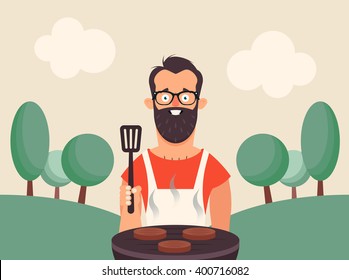 Funny Cartoon Character Cooking Barbecue. Trees and Clouds on Background. Vector Illustration