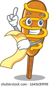 A funny cartoon character of corn dog holding a menu