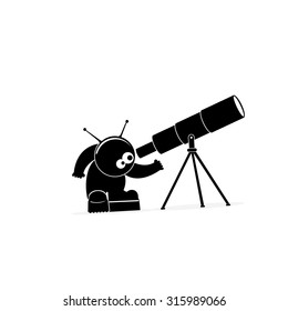 Funny cartoon character cosmonaut looking through a telescope.