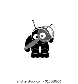 Funny cartoon character cosmonaut with a magnifying glass isolated on a white background.