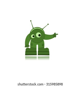 Funny cartoon character cosmonaut points finger, isolated on a white background.