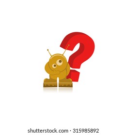 Funny cartoon character cosmonaut with a question mark isolated on a white background.