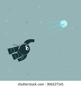 Funny cartoon character cosmonaut in space, the satellite flies.