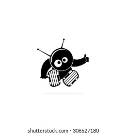 Funny cartoon character cosmonaut who sits and shows a sign perfectly isolated on white background.