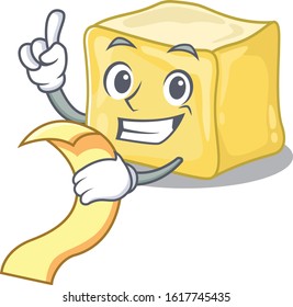 A funny cartoon character of creamy butter with a menu