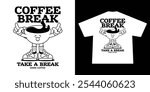 Funny cartoon character of a cup coffee. Can be used as Sticker, posters, prints. Retro cartoon style. Vector illustration