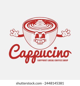 Funny cartoon character of a cup coffee cappucino. Can be used as Sticker, posters, prints. Retro cartoon style. Vector illustration