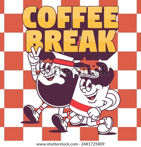 Funny cartoon character of a cup coffee. Can be used as Sticker, posters, prints. Retro cartoon style. Vector illustration