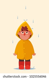 Funny Cartoon Character. Cute Boy in Yellow Raincoat Standing Under the Rain. Vector Illustration