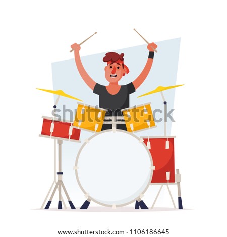 Funny Cartoon Character. Cute Drummer. Vector Illustration