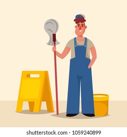Funny Cartoon Character. Cute Janitor with Mop. Vector Illustration