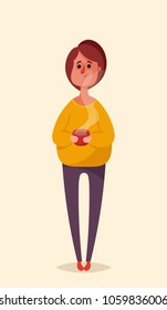 Funny Cartoon Character. Cute Woman with Cup of Tea. Vector Illustration