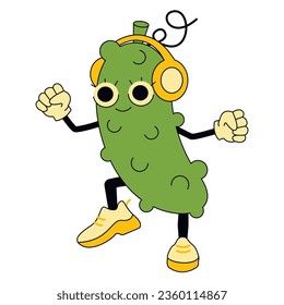 Funny cartoon character - dancing Pickle in headphones. Vector graphic.