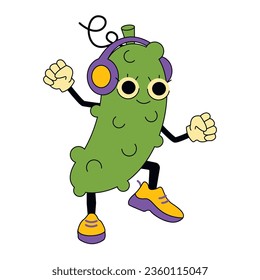 Funny cartoon character - dancing Pickle in headphones. Vector graphic.