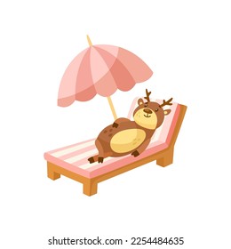 Funny cartoon character deer sunbathing on sun lounger isolated on white background. Cute comic animal relaxing on beach vector illustration. Summer, holiday, wildlife concept