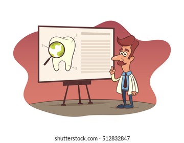 Funny Cartoon Character. Dentist Making a Presentation About Tooth Care. Vector Illustration