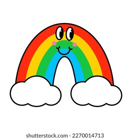 Funny cartoon character. Design element in retro style isolated on white background. Vector illustration of rainbow with faces.