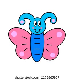 Funny cartoon character. Design element in retro style isolated on white background. Vector illustration of butterfly with faces.