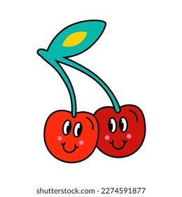 Funny cartoon character. Design element in retro style isolated on white background. Vector illustration of cherry with faces.