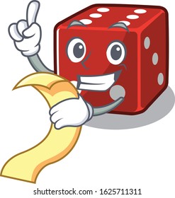 A funny cartoon character of dice with a menu