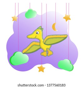 Funny cartoon character dinosaur. Dino print among the clouds and stars. Yellow pterodactyl for posters in the nursery, print on clothes, cards, wall decor Prehistoric lizard in the style of stitches.