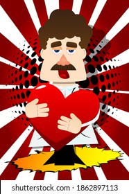 Funny cartoon character, doctor hugging big red heart. Vector illustration. Expressing love.
