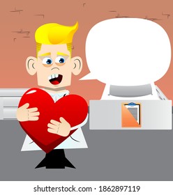 Funny cartoon character, doctor hugging big red heart. Vector illustration. Expressing love.