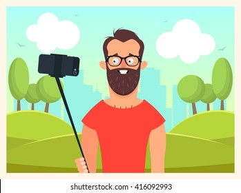 Funny Cartoon Character Doing Selfie. Colorful Landscape on Background. Vector Illustration