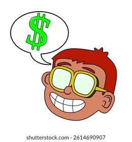 funny cartoon character with dollar sign. Cartoon head of a smiling boy with glasses thinking about money (dollar sign)