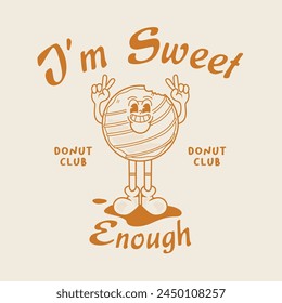 Funny cartoon character of donut. Can be used as Sticker, posters, prints. Retro cartoon style. Vector illustration