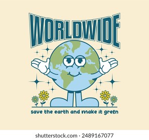 Funny cartoon character of Earth. Can be used as Sticker, posters, prints. groovy and trendy retro cartoon style. Vector illustration