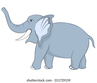 Funny Cartoon Character Elephant  With Smile and  Raised Trunk Over White Background. Hand Drawn in Front  View Elegant Cute Design. Vector illustration. 