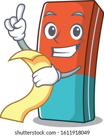 A funny cartoon character of eraser with a menu