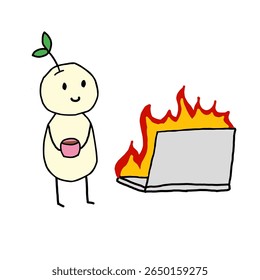 Funny cartoon of a character facing a burning laptop. Perfect for tech frustration themes, digital burnout, humor illustrations, comic content, and online life depictions.