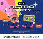Funny cartoon character. fashion poster. Vector illustration of vinyl record, tape recorder and retro cassette in 90s music style. Set of comic elements in trendy retro cartoon style.
