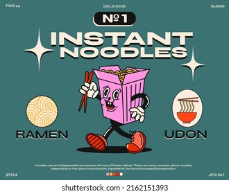 Caricatura divertida. afiche de moda. Ilustración vectorial de fideos instantáneos chinos ramen y udon. Conjunto de elementos cómicos en estilo de dibujos animados retro de moda.