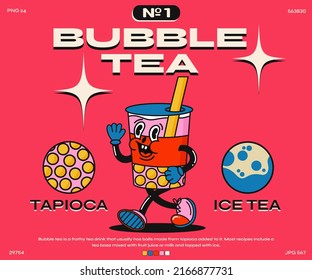 Funny cartoon character. fashion poster. Vector illustration of a running cold bubble tea with tapioca. Set of comic elements in trendy retro cartoon style.